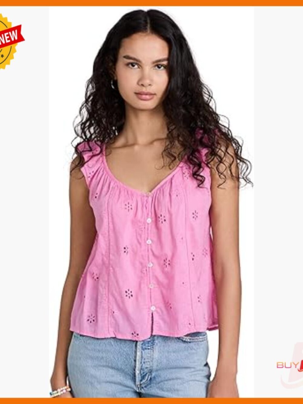 Cotton Eyelet Button Front Tank Top with Ruffle Sleeve Detail